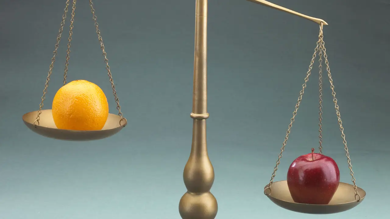 Uma balança contendo uma maçã e uma laranja para mostrar que a comparação é perigosa e sutil.