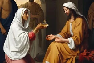 a mulher do perfume segura um objeto perto de um homem representando Jesus