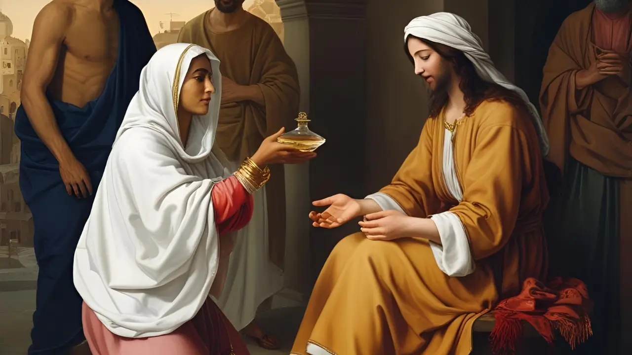 a mulher do perfume segura um objeto perto de um homem representando Jesus