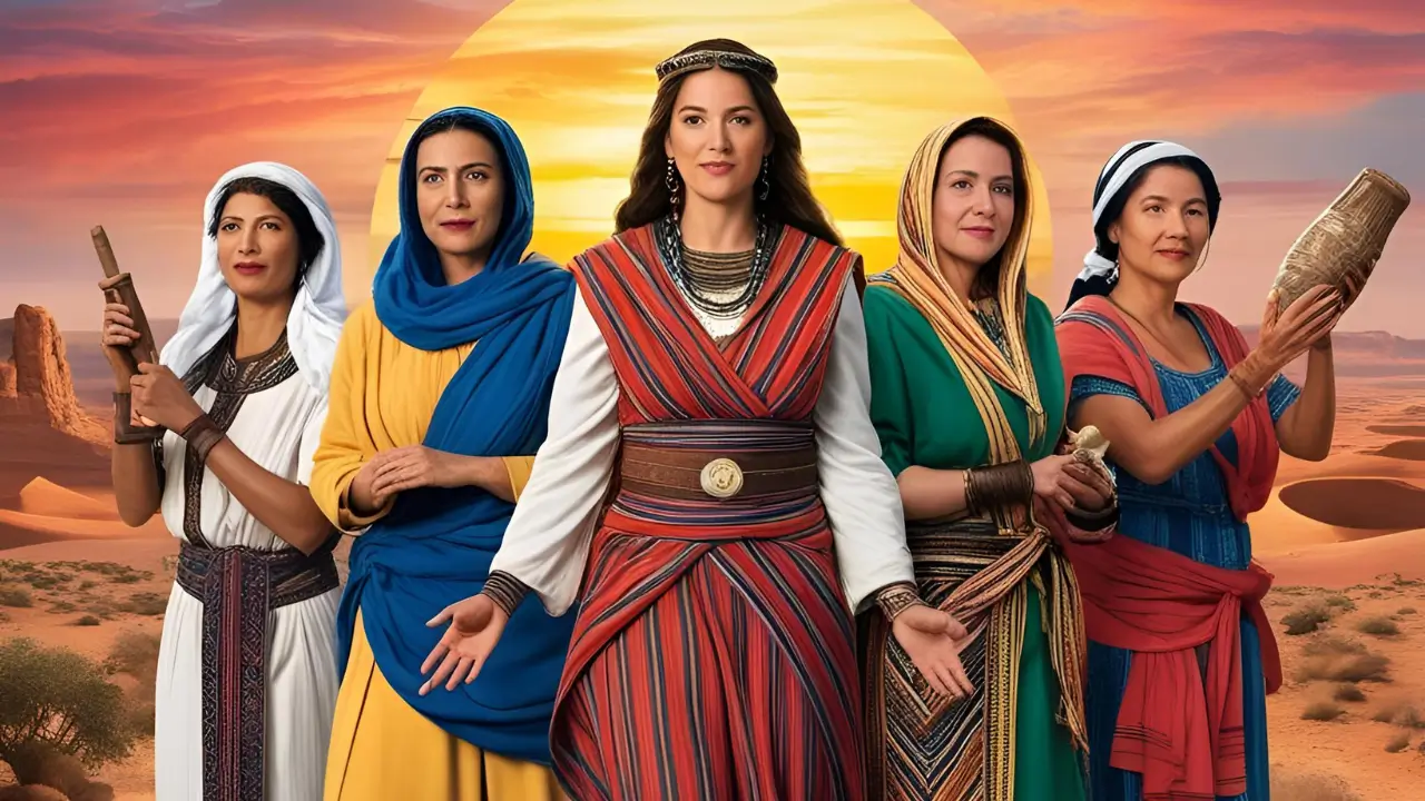 imagem com cinco mulheres com roupas bem características para representar as filhas de zelofeade