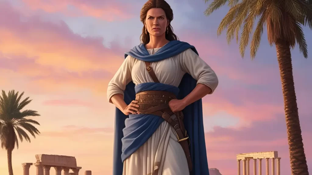 mulher vestida de maneira que caracterize a profetisa Débora.