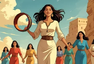 Mulher com um tamborim, seguida de outras mulheres, representando Miriã