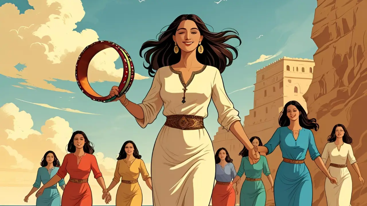 Mulher com um tamborim, seguida de outras mulheres, representando Miriã