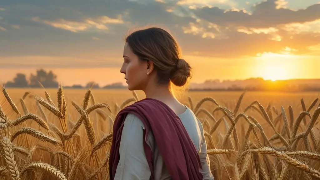 Mulher em um campo de trigo representando Rute