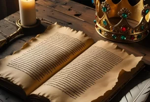 Um pergaminho aberto sobre uma mesa de madeira com uma pena ao lado e uma coroa dourada repousando próxima, simbolizando o diário de Ester