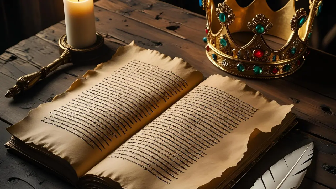 Um pergaminho aberto sobre uma mesa de madeira com uma pena ao lado e uma coroa dourada repousando próxima, simbolizando o diário de Ester