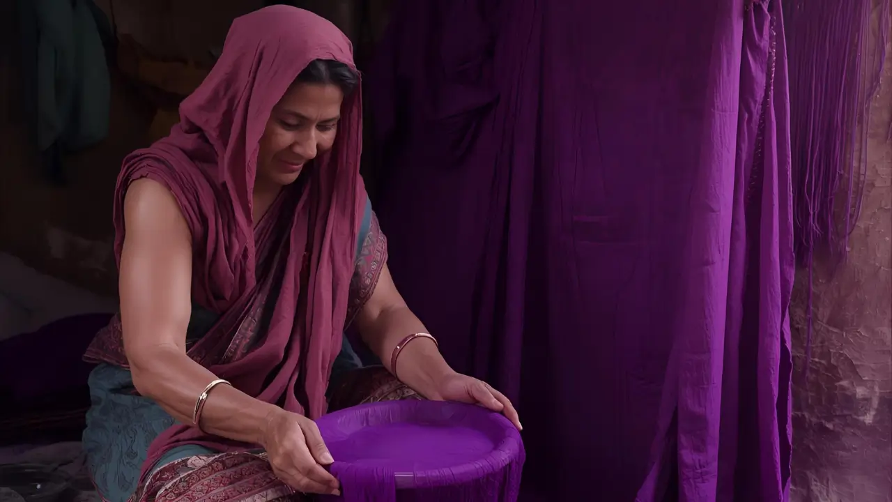 Mulher com tinta tingindo tecido para representar Lídia