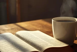 Mesa com Bíblia e xícara de café simbolizando a prática das manhãs com Deus