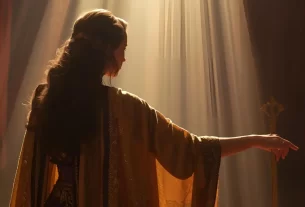 Uma mulher imponente com trajes de rainha, representando a coragem de Ester.