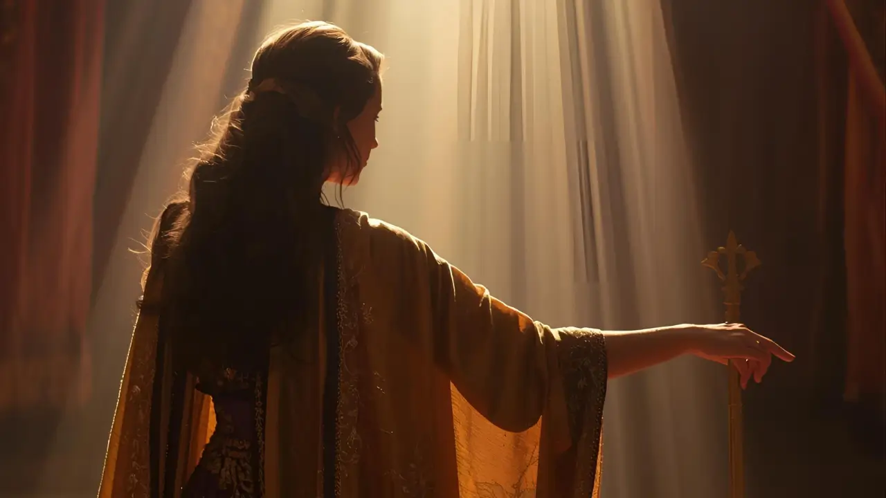 Uma mulher imponente com trajes de rainha, representando a coragem de Ester.