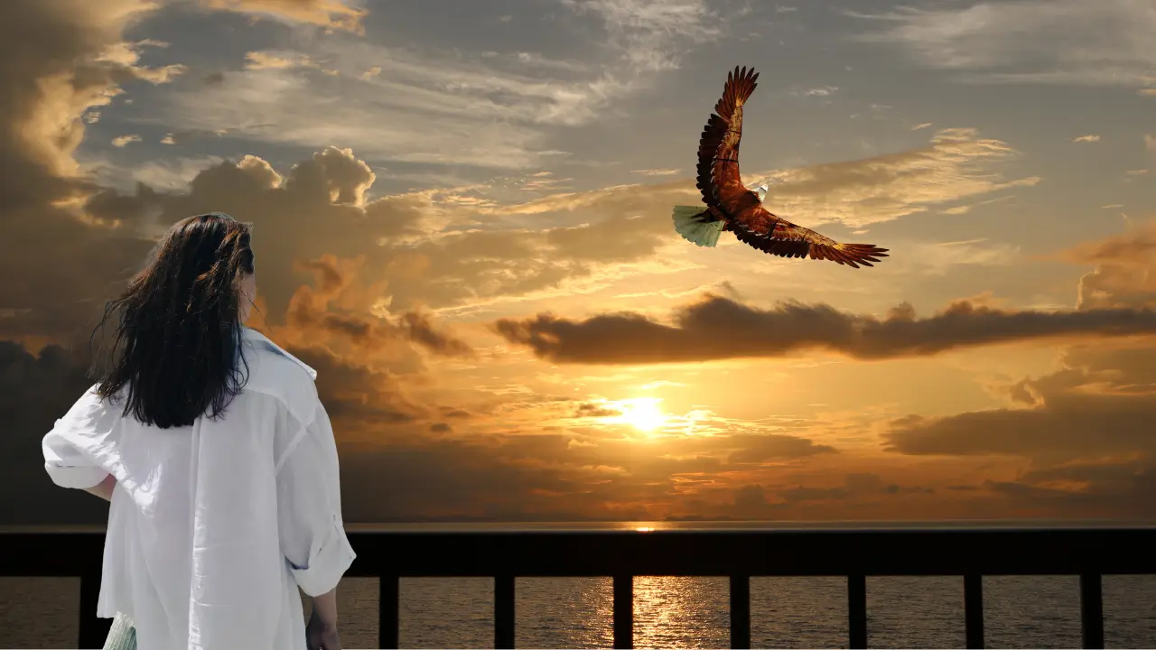 uma mulher plhando o nascer do sol e uma águia voando, simbolizando recomeços da esperança
