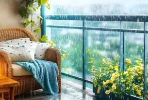 varanda com poltrona, flores e vela acesa, lá fora chuva fina simbolizando a paz no lar.