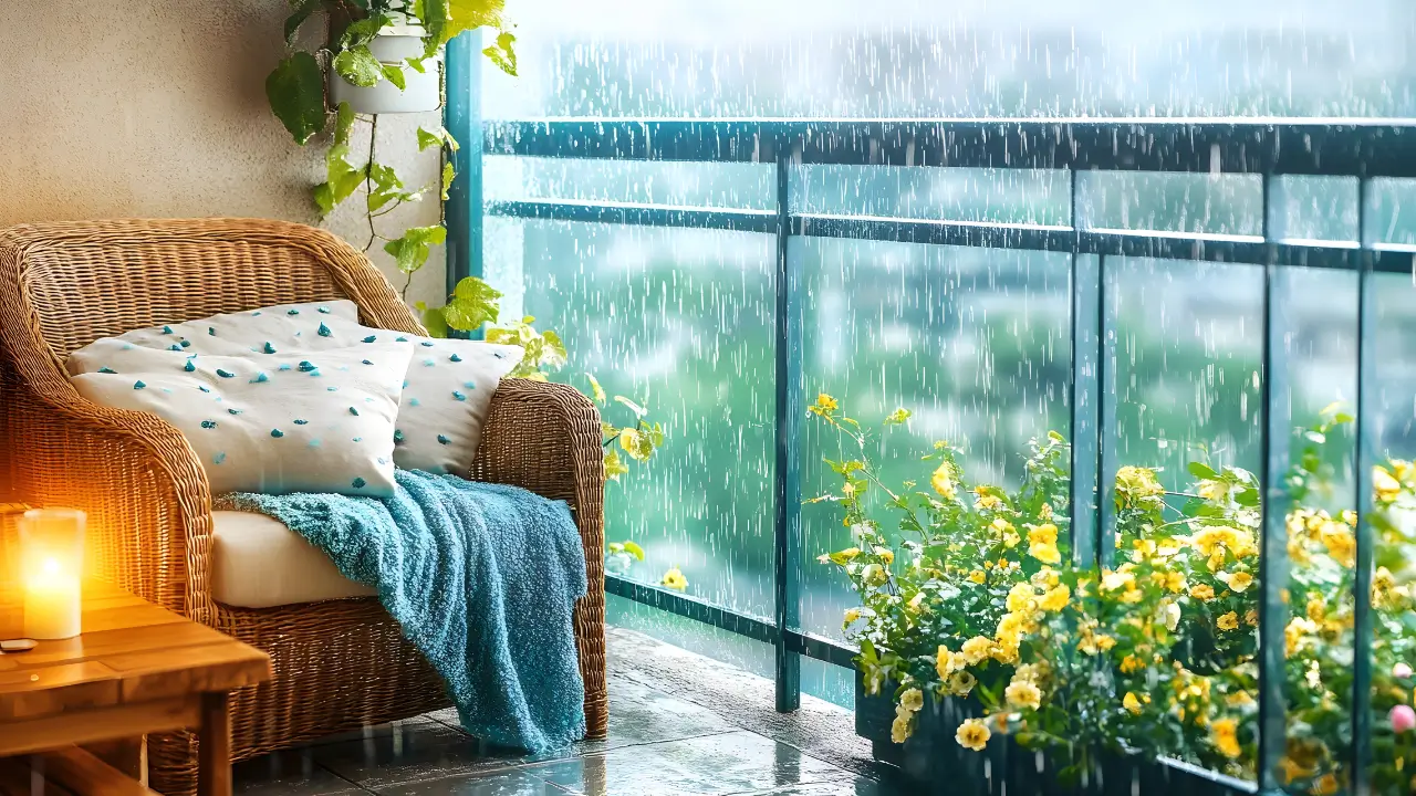 varanda com poltrona, flores e vela acesa, lá fora chuva fina simbolizando a paz no lar.