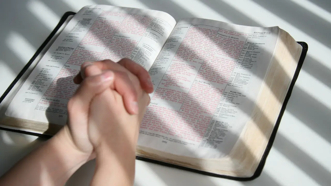 mãos juntas sob a Bíblia para simbolizar oração antes de virar a página do ano