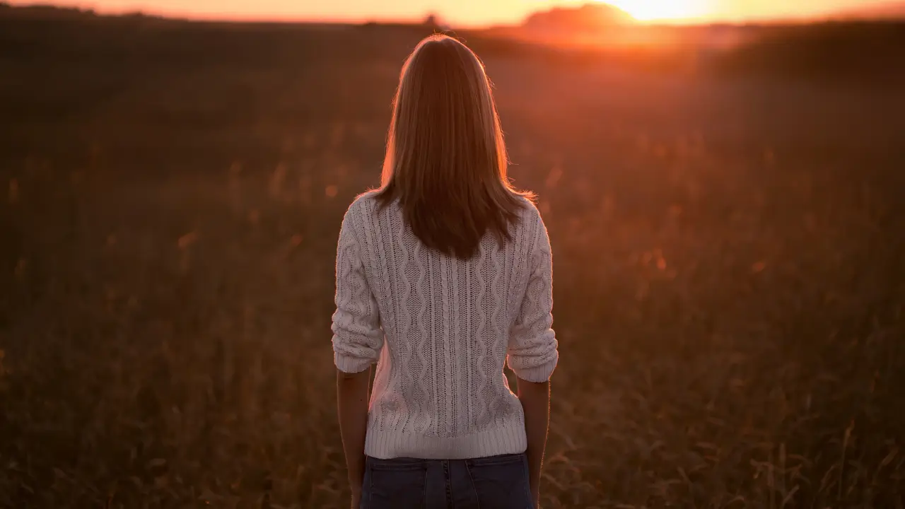 Uma mulher olhando para o horizonte ao nascer do sol, com expressão serena e firmeza no olhar — simbolizando confiança inabalável, esperança e segurança em Deus.