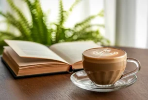 mesa com xícara e livro ideia de organizar a vida com a presença de Deus
