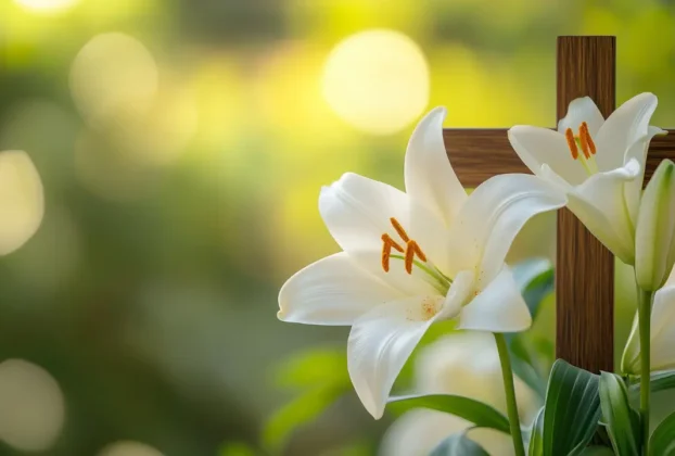 cruz com lírios brancos simbolizando ressurreição interior