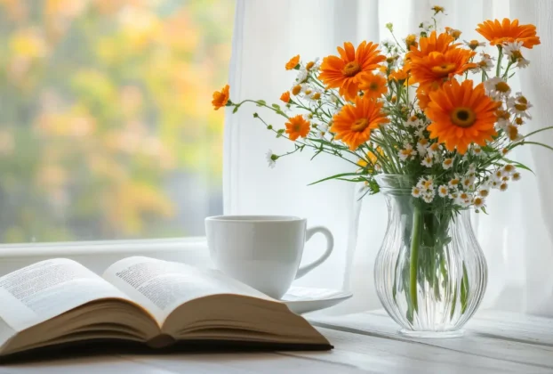 mesa com flores, xícara e bíblia para simbolizar os encontros com Deus