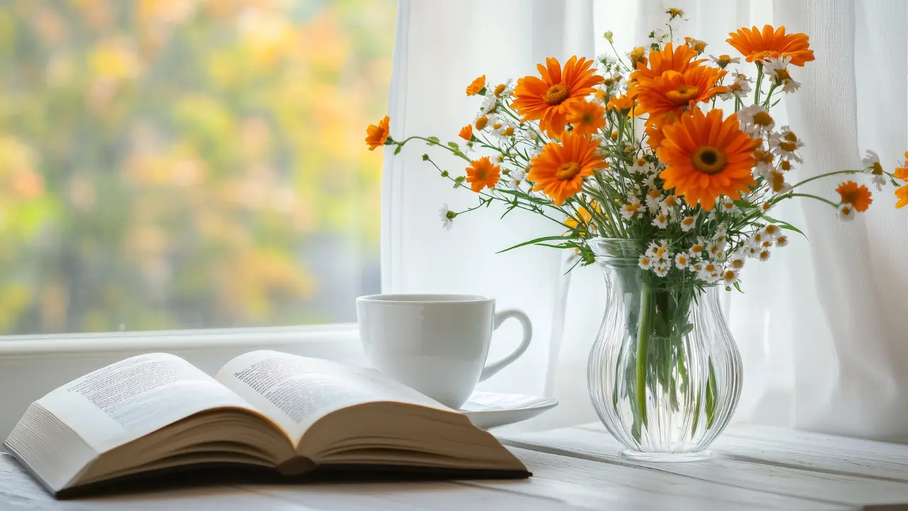 mesa com flores, xícara e bíblia para simbolizar os encontros com Deus